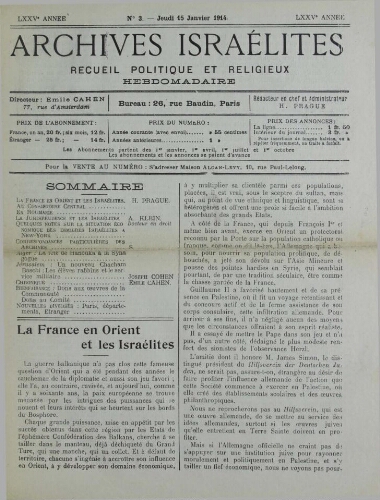 Archives israélites de France. Vol.75 N°03 (15 janv. 1914)